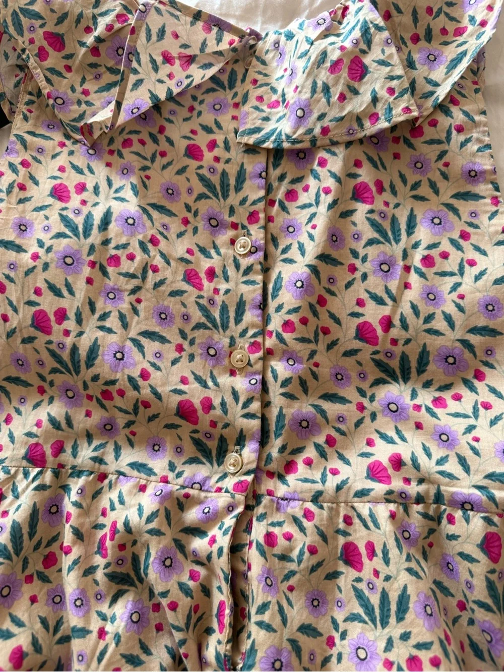Janie & Jack Girls Floral Ruffle Dress in Beige with Pink & Purple Accents